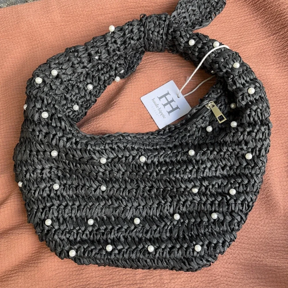 NWT Haute Hippie Beaded Hobo Bag Black with Pearl Accents Women's Handbag